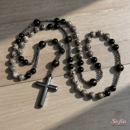 Natural Obsidian Yooperlite RosaryNecklace, UV Reactive EnergyProtection Healing Crystal
