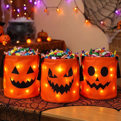 👻 Glow-in-the-Dark Halloween LED Candy Basket  Bags🎃5 Pack Pumpkin Trick or Treat Bags with Glow Lights for Kids, Parties & Halloween Decorations