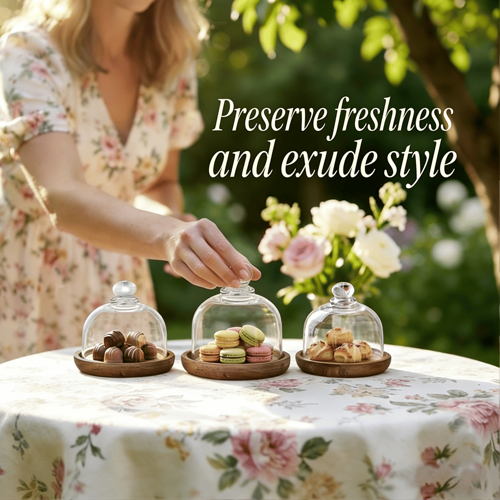 🍰 Mini Glass Dessert Dome with Wooden Base