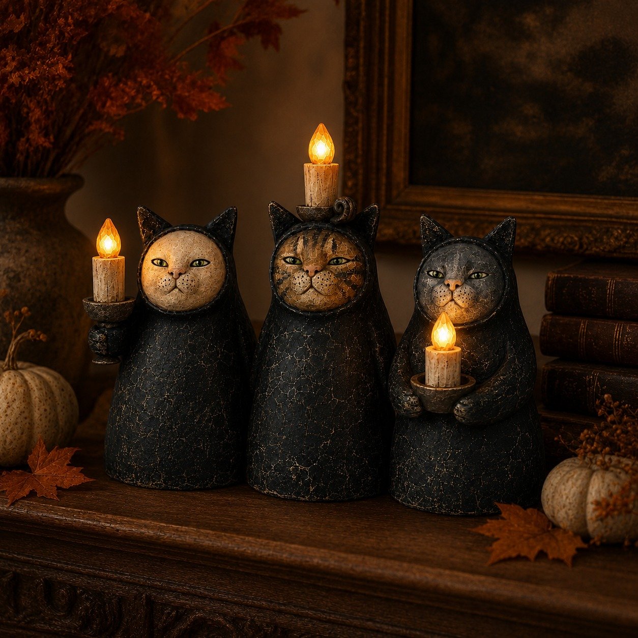Mysterious Hooded Cat Candlelight Figurine