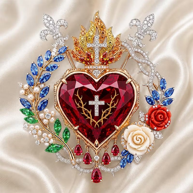 ❤️ Sacred Heart Floral Gemstone Brooch | Vintage Palace-Inspired Statement Pin