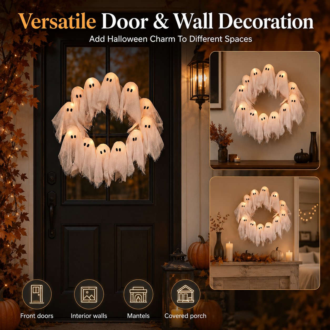 Light-Up Halloween Ghost Wreath