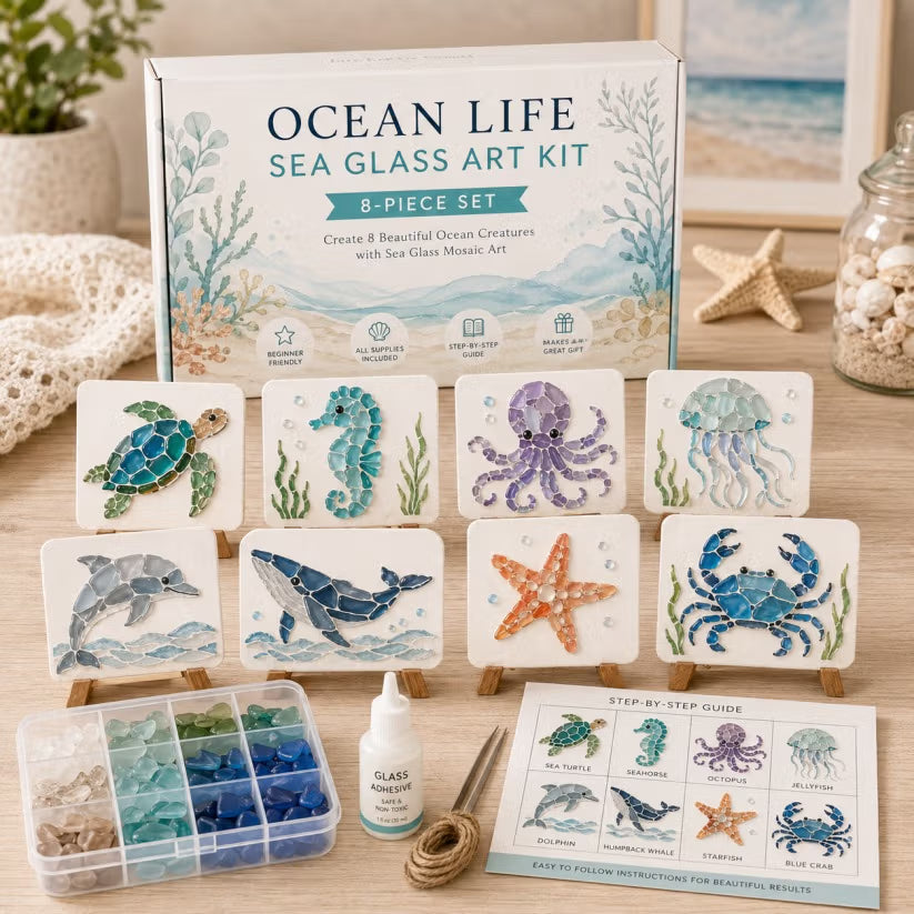 🌊 DIY Sea Glass Mosaic Art Kit – Create Beautiful Ocean-Inspired Artwork with Colorful Glass Pieces, Coastal Home Decor & Creative Handmade Gift