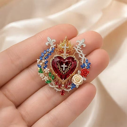 ❤️ Sacred Heart Floral Gemstone Brooch | Vintage Palace-Inspired Statement Pin