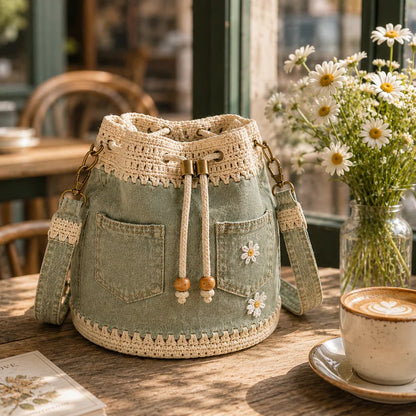 💥SAVE 33%👖 Denim Crochet Drawstring Bucket Bag, Vintage Daisy Crossbody Shoulder Bag For Women