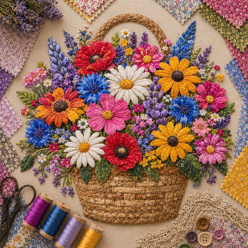 🔥HOT SALE 50% OFF - 🌸Floral Basket Patchwork DIY Kit | 3D Layered Fabric Flower Art Craft for Home Decor & Gifts