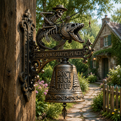 🎣 Metal Skeleton Fisherman Wall Bell – “This Is My Happy Place” Outdoor Décor