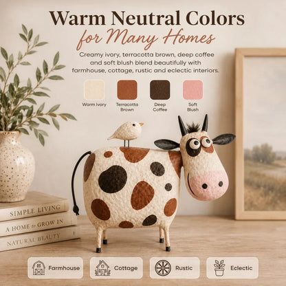 🔥Whimsical Cow & Bird Folk Art Figurine – Rustic Farmhouse Tabletop Decor Gift