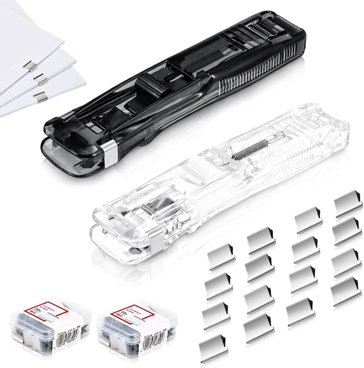 2 Pcs Portable Binder Clip Stapler, with 100 Pcs Small Binder Clips, Non-Destructive Paper Clam Dispenser for Office, Home, School