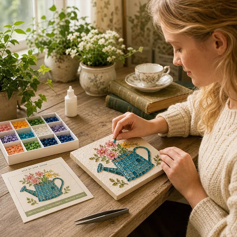 🌿 Watering Can Mosaic Art Kit | Beginner-Friendly Floral DIY Craft with Vibrant Mosaic Beads & Sturdy Display Base ✨