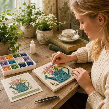 🌿 Watering Can Mosaic Art Kit | Beginner-Friendly Floral DIY Craft with Vibrant Mosaic Beads & Sturdy Display Base ✨