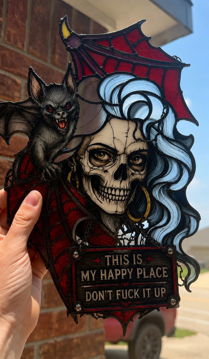 🦇💀Gothic Skull & Bat “My Happy Place” Hanging Art — Mood-Responsive Hair Effect Wall Decor✨