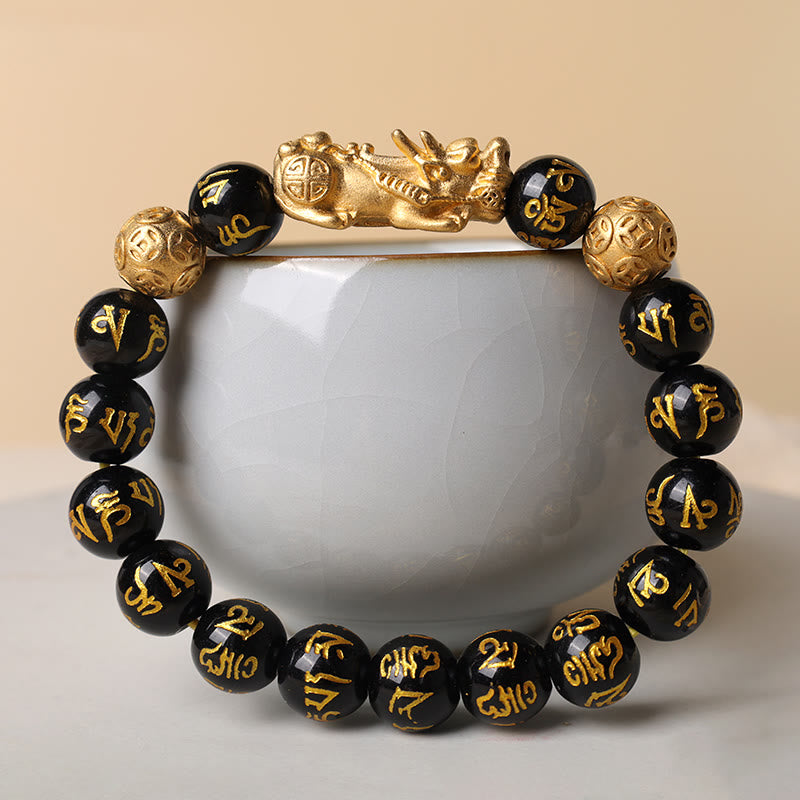 Black Onyx Om Mani Padme Hum Beads Pixiu Bracelet