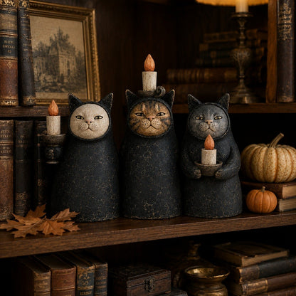 Mysterious Hooded Cat Candlelight Figurine