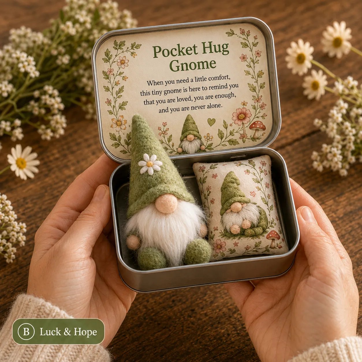 🔥 HOT SALE 49% OFF – 💌 Pocket Hug Gnome Comfort Gift Tin | Mini Plush Keepsake with Heartfelt Message, Matching Cushion & Protective Metal Case 🧸✨
