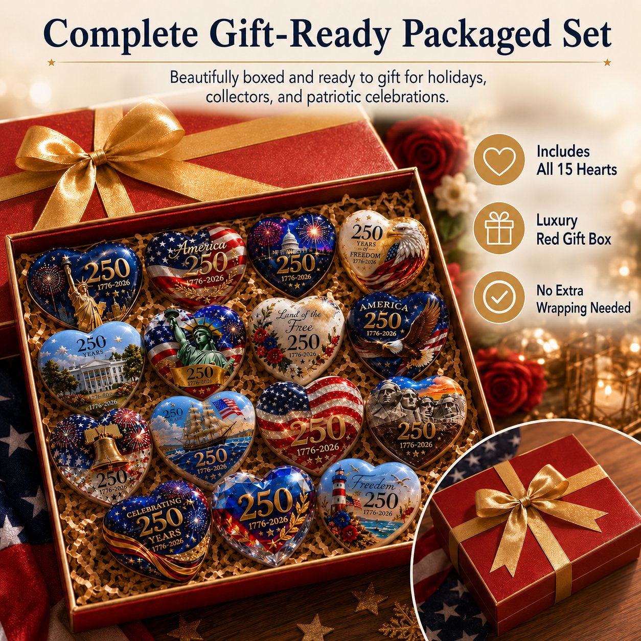 🇺🇸 America 250th Anniversary Commemorative Heart Ornament Collection | 15-Piece Patriotic Keepsake Set🎁Buy 2 Free Shipping