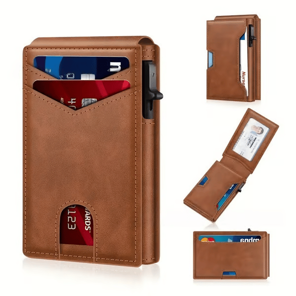 💥🎁 Slim Wallet for Men with Pop-Up Aluminum Case, RFID Blocking  Minimalist Leather Bifold Card Holder