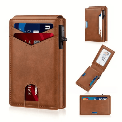 💥🎁 Slim Wallet for Men with Pop-Up Aluminum Case, RFID Blocking  Minimalist Leather Bifold Card Holder