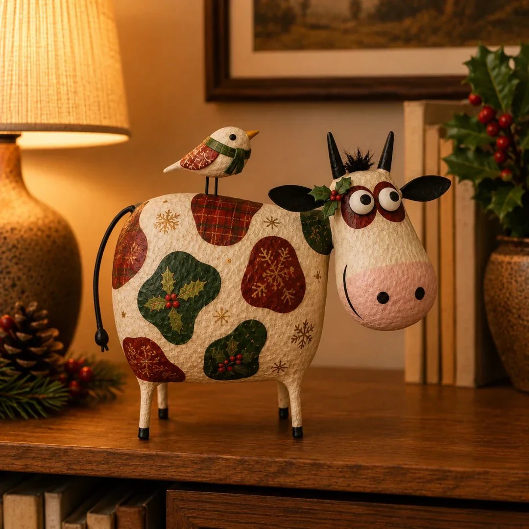 🔥Whimsical Cow & Bird Folk Art Figurine – Rustic Farmhouse Tabletop Decor Gift