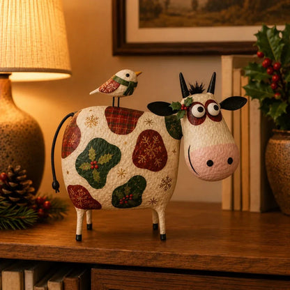 🔥Whimsical Cow & Bird Folk Art Figurine – Rustic Farmhouse Tabletop Decor Gift