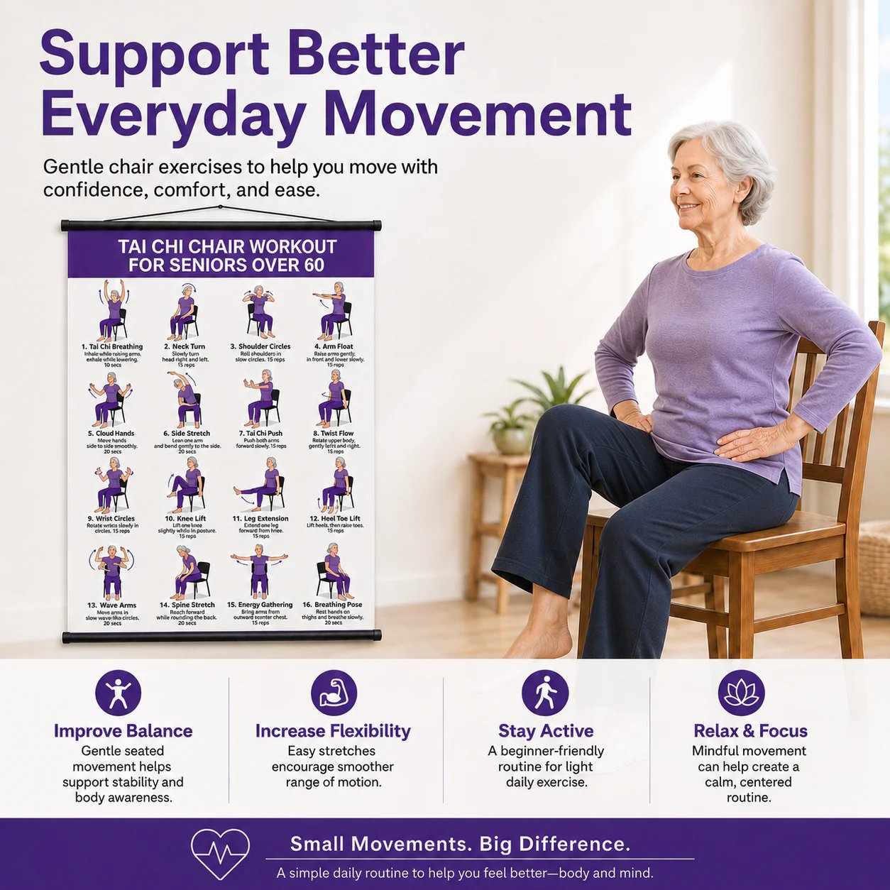 ⭐Tai Chi Chair Workout Chart for Seniors (16 x 24 inches)