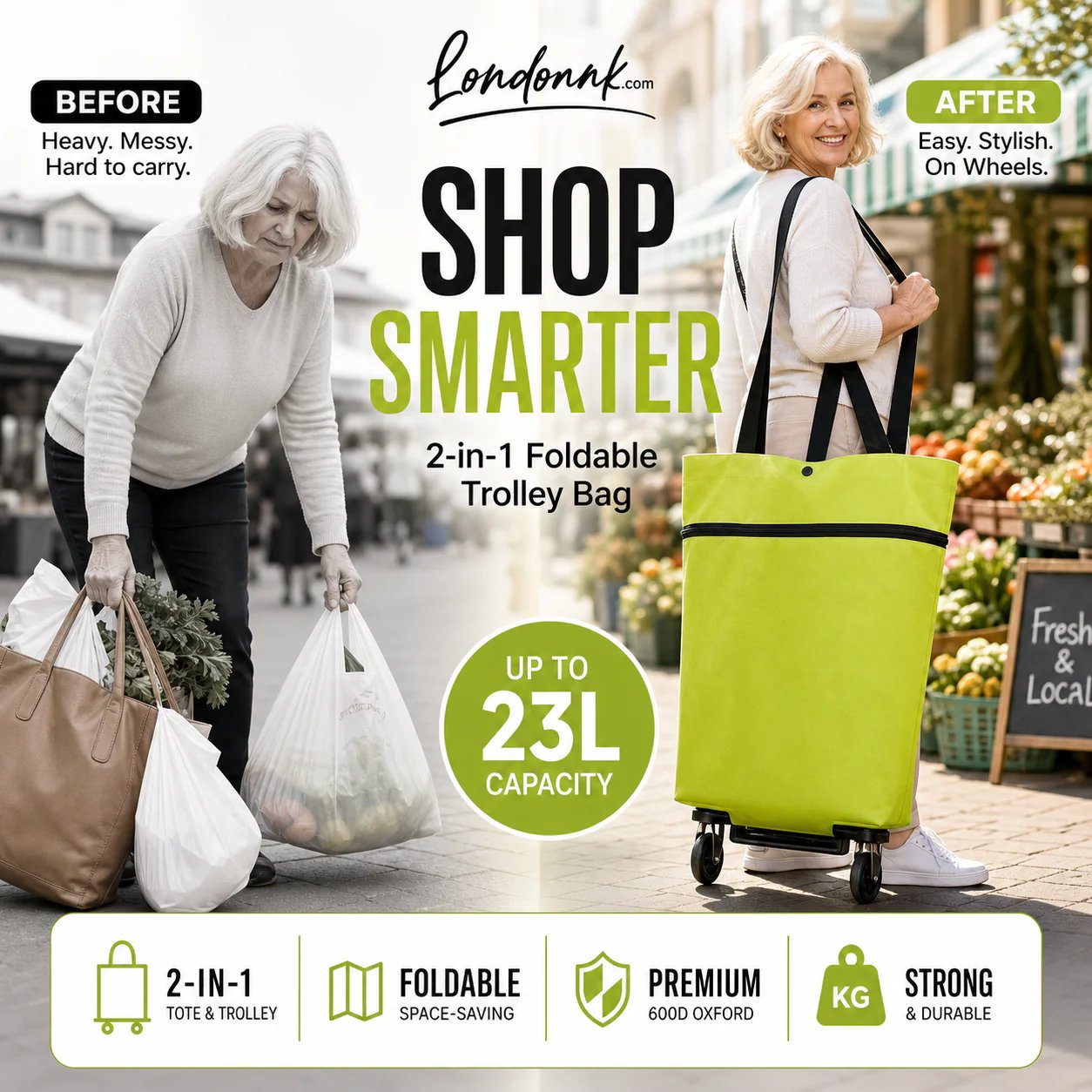 🛒 2-in-1 Foldable Rolling Shopping Cart – 49% OFF, 23L Capacity & Easy on Your Hands