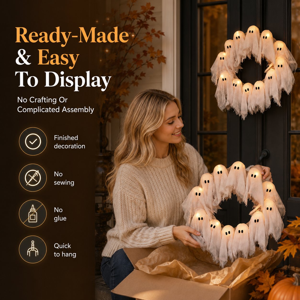 Light-Up Halloween Ghost Wreath