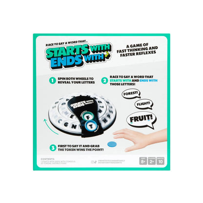 Starts With Ends - The Fast Paced Word Game Your Family Games Collection Has Been Missing. Spin The Letter Wheels and Race to Shout the Word – Includes 1 Spinner Device and 20 Tokens.