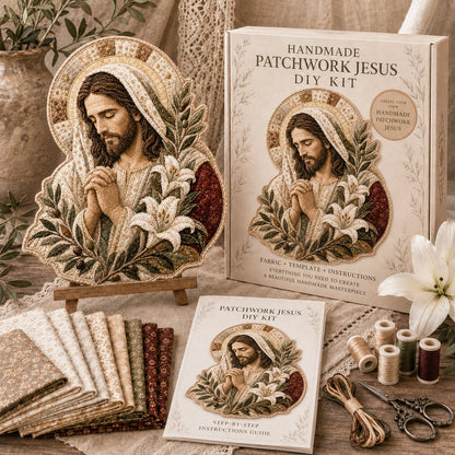 ✝️🧵 Premium Handmade Patchwork Jesus DIY Kit | High-Quality Layered Fabric with Stitched Details DIY Handmade Devotional Decor 🕊️✨