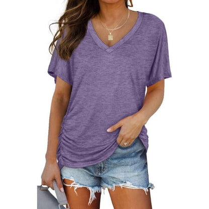 🔥Last Day 65% OFF - Womens Short Sleeve V Neck Dolman Tops with Side Shirring Loose Fit Shirts