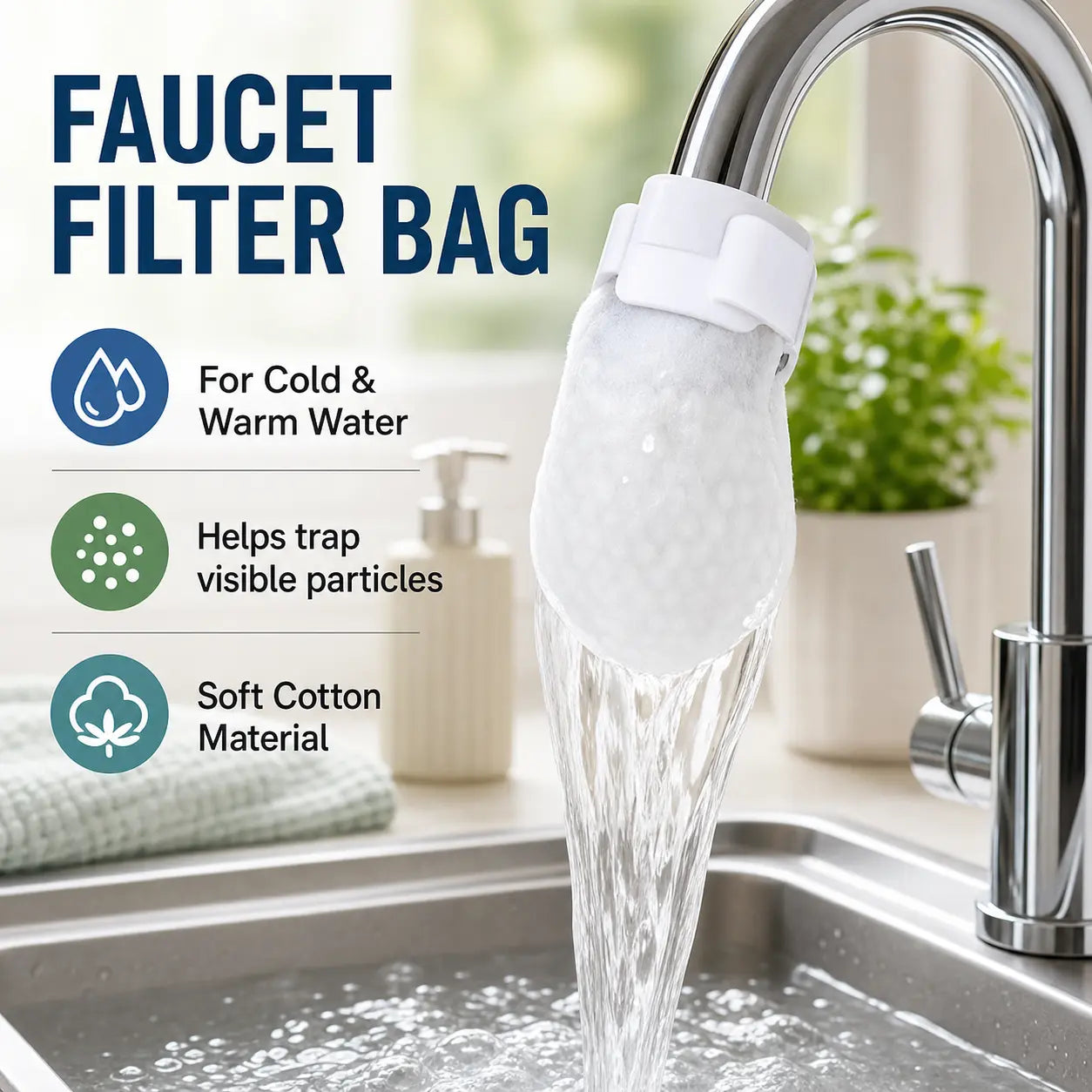 🔥Flash Sale 60% OFF🔥50PCS Disposable Cotton Faucet Filter Bags- Splash-Reducing Sediment Filter Socks for Kitchen & Bathroom