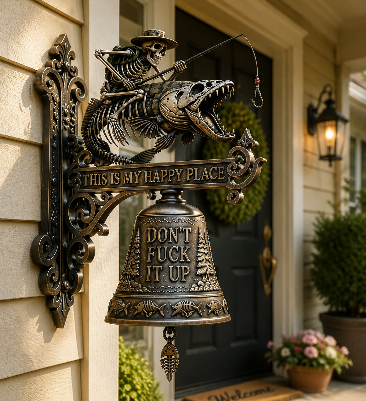 🎣 Metal Skeleton Fisherman Wall Bell – “This Is My Happy Place” Outdoor Décor