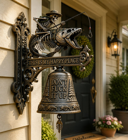 🎣 Metal Skeleton Fisherman Wall Bell – “This Is My Happy Place” Outdoor Décor
