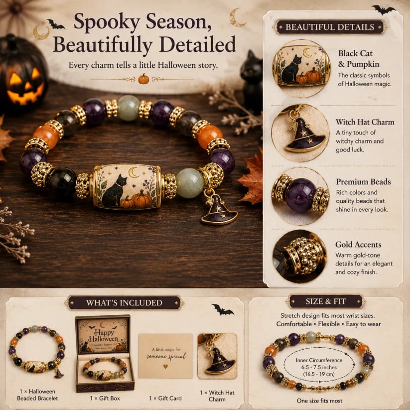 🔥HOT SALE 50% OFF👻Limited Edition 2026 Halloween Black Cat Pumpkin Beaded Bracelet Gift Set🎁
