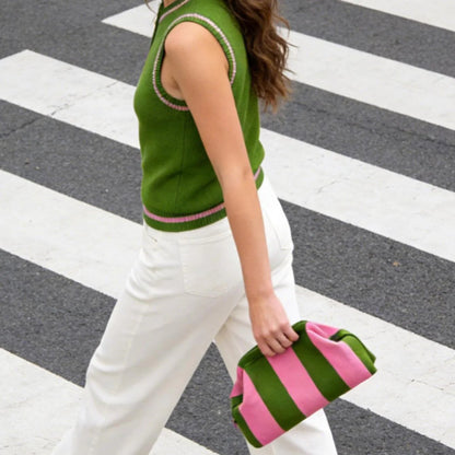 Women's Striped &amp; Diamond Dot Cloud Handbag – Lightweight Clip-Top Crossbody Bag for Everyday Style 👜