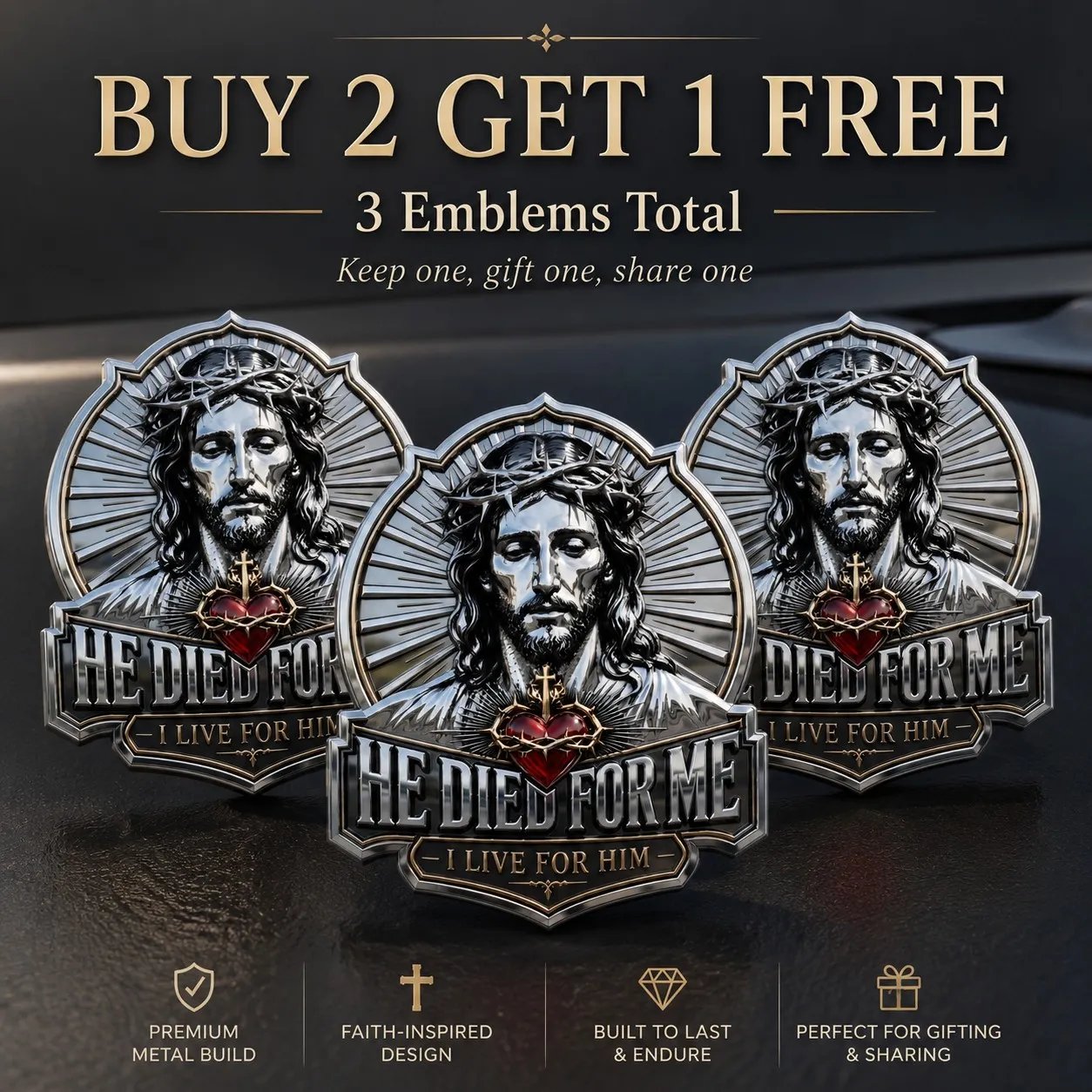 ❤️He Died For Me 3D Metal Emblem ✝️ | Waterproof • No Fade • No Rust • Adhesive & Magnetic (2-in-1) 🧲