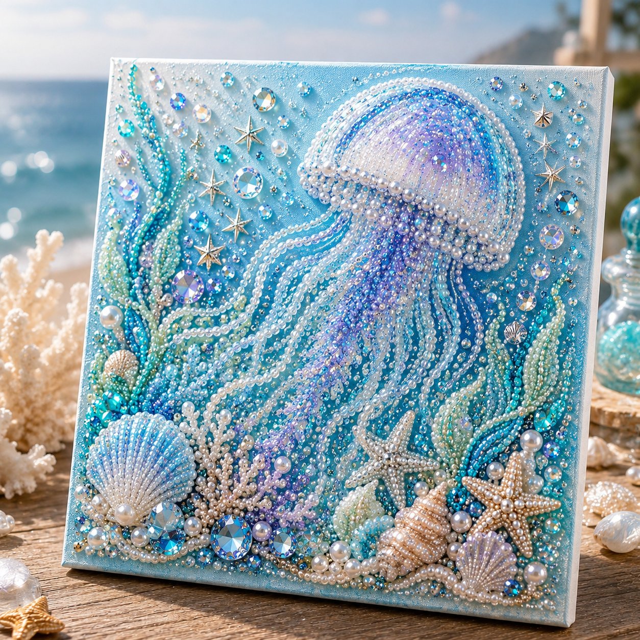🌊Premium 3D Pearl Ocean Wall Art Kit | Luxury Ocean Theme CanvaAs with Scratch-Resistant Non-Fading Pearl Beads DIY Coastal Decor 🐚✨