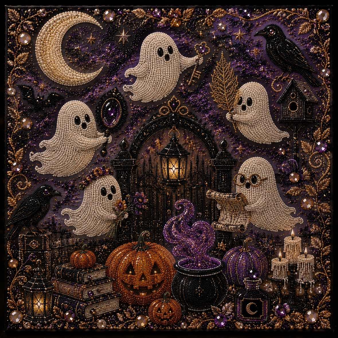 🔥Last Day 49% OFF - 👻 Cute Ghosts Pumpkins 3D Pearl Mosaic Art Kit Halloween Decor (No Mess, Beginner), Age 8+