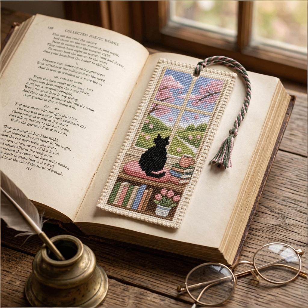 🐈📚Seasonal Cat Cross Stitch Bookmark – Cozy Reading Companion