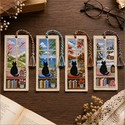 🐈📚Seasonal Cat Cross Stitch Bookmark – Cozy Reading Companion