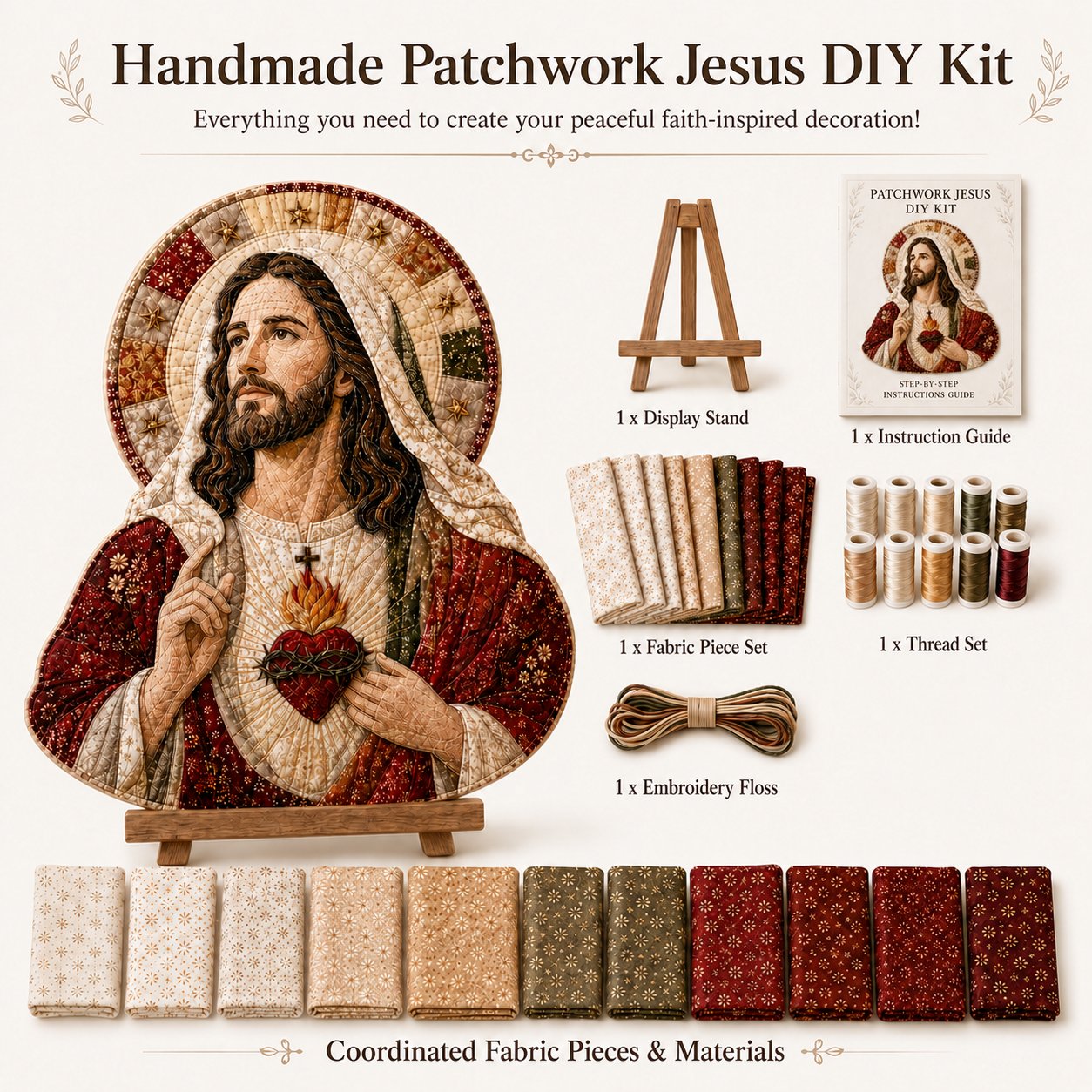 ✝️🧵 Premium Handmade Patchwork Jesus DIY Kit | High-Quality Layered Fabric with Stitched Details DIY Handmade Devotional Decor 🕊️✨