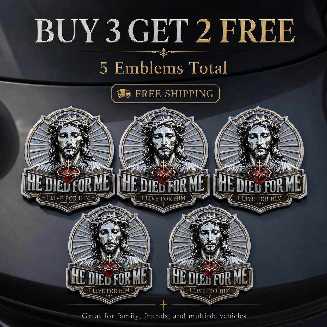 ❤️He Died For Me 3D Metal Emblem ✝️ | Waterproof • No Fade • No Rust • Adhesive & Magnetic (2-in-1) 🧲