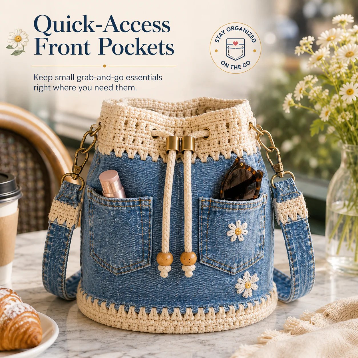 💥SAVE 33%👖 Denim Crochet Drawstring Bucket Bag, Vintage Daisy Crossbody Shoulder Bag For Women