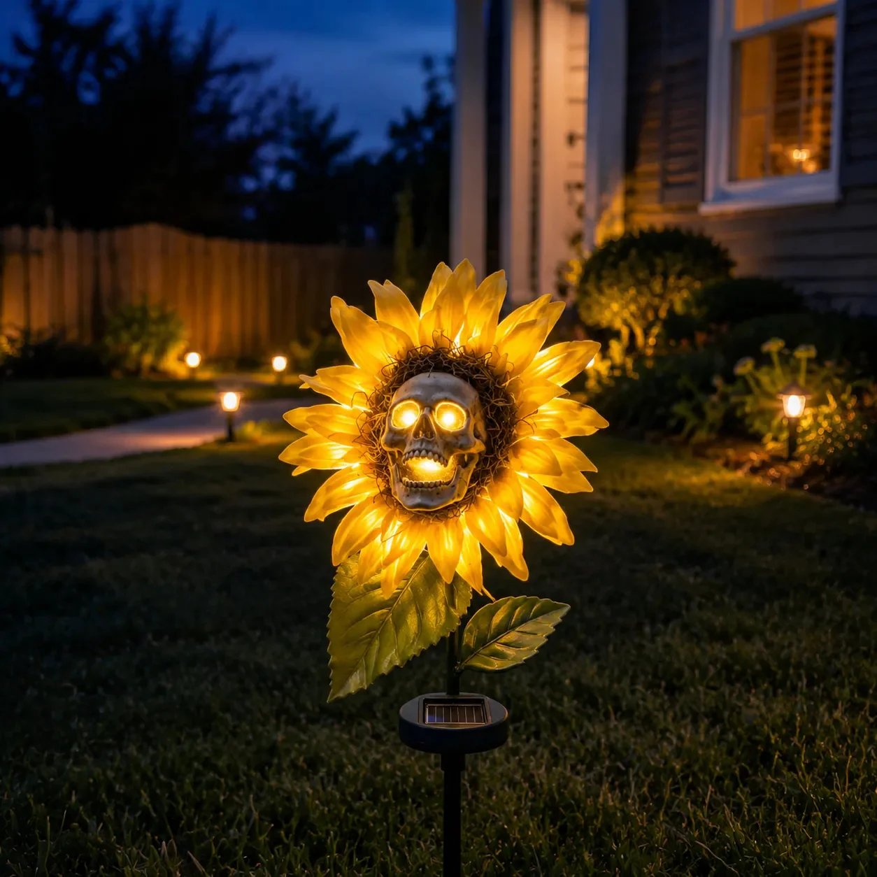 🌻 Solar Sunflower Skull Stake Light - Illuminate Your Halloween with Spooky Charm!