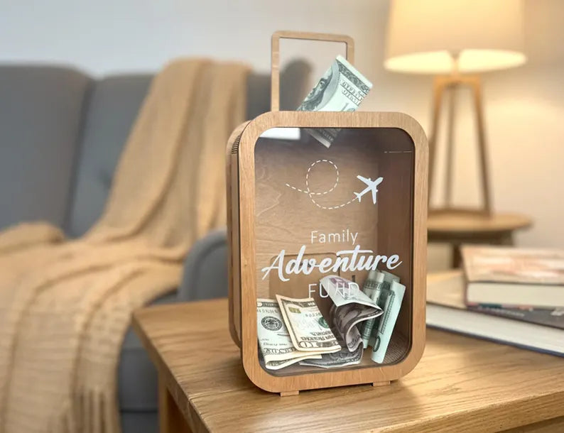 ✈️Adventure Fund, 🛳️Money Box, 🚌Vacation Fund, Handmade wooden piggy bank