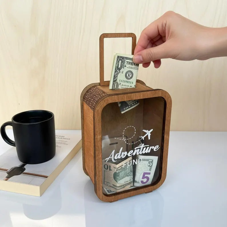 ✈️Adventure Fund, 🛳️Money Box, 🚌Vacation Fund, Handmade wooden piggy bank