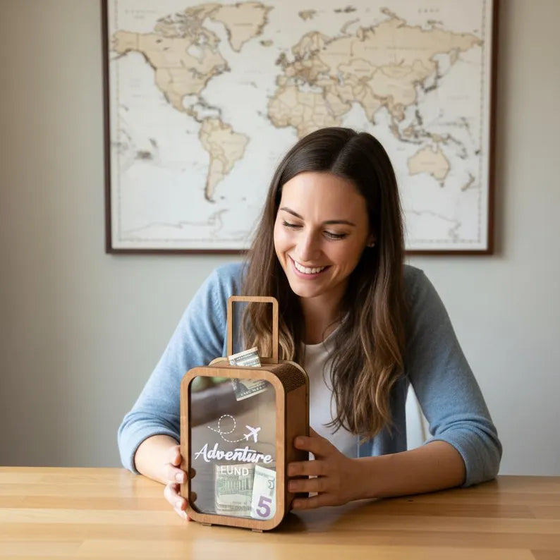 ✈️Adventure Fund, 🛳️Money Box, 🚌Vacation Fund, Handmade wooden piggy bank