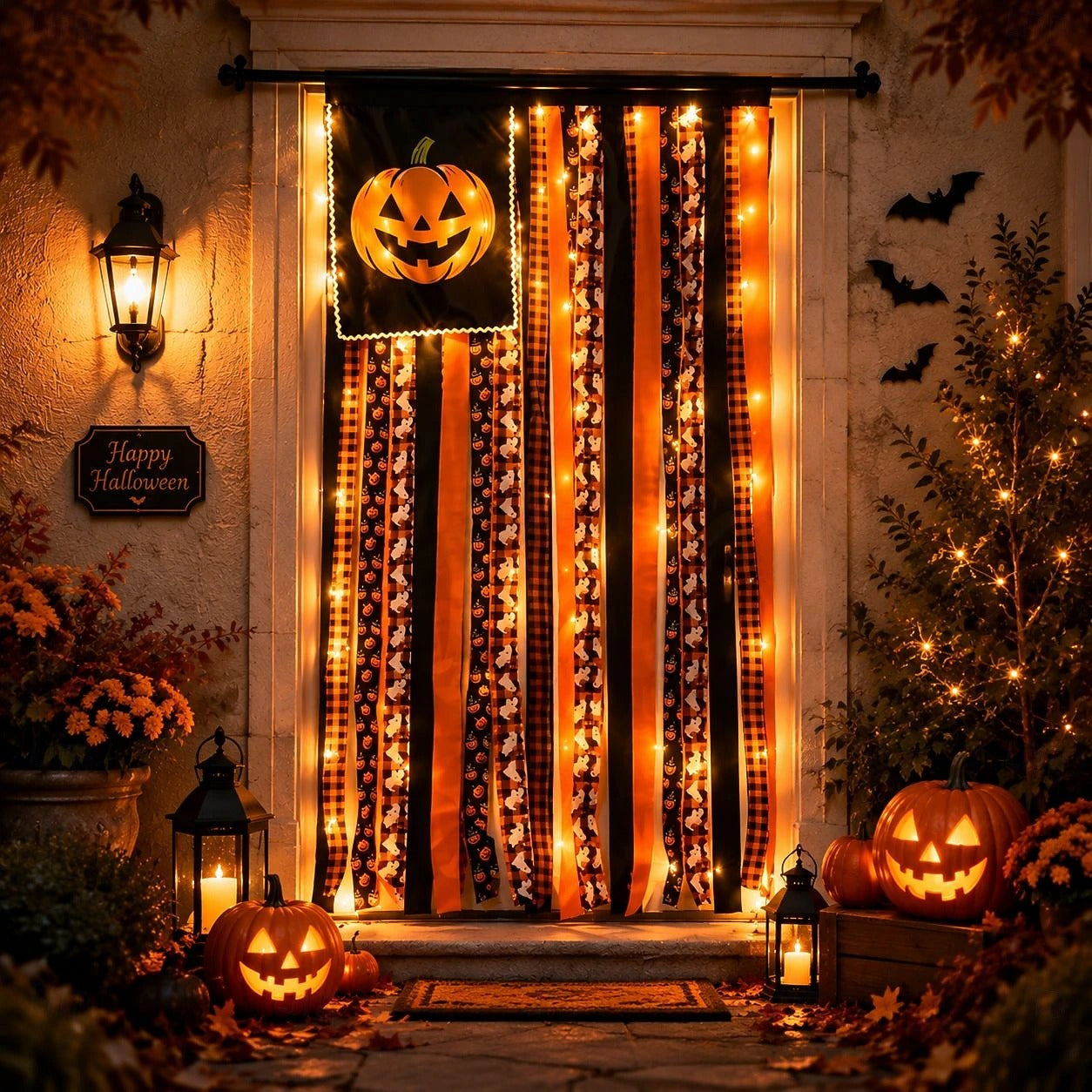 Halloween Banner Flag Pre-Lit Pumpkin Fabric Ribbon Garland Streamers