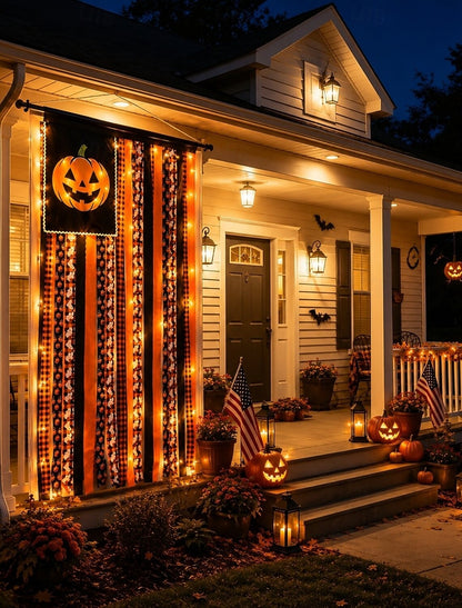 Halloween Banner Flag Pre-Lit Pumpkin Fabric Ribbon Garland Streamers