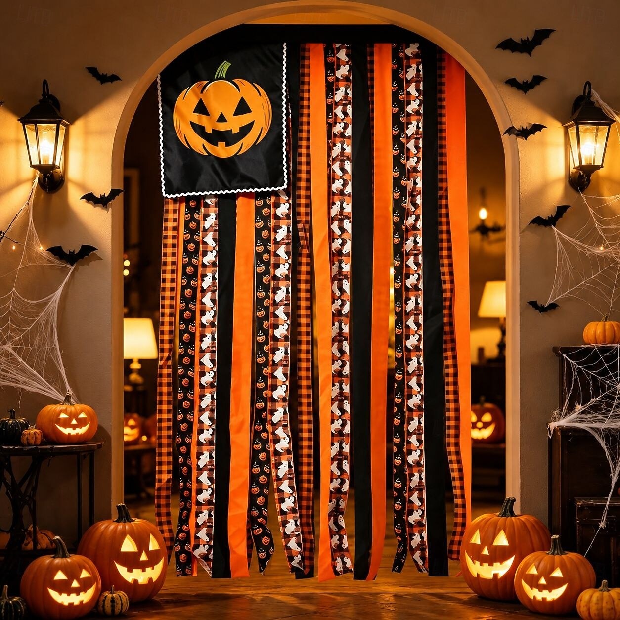 Halloween Banner Flag Pre-Lit Pumpkin Fabric Ribbon Garland Streamers